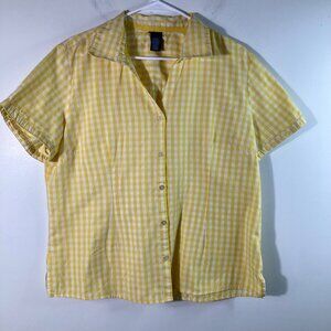 Womens Basic Editions V Neck Gingham Button‎ Shirt Short Sleeve XL Yellow White